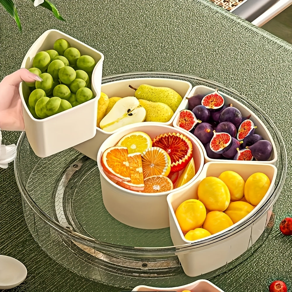 1pc HOOFUN Rotating Fruit and Vegetable Tray with Lid and Handle - Durable Plastic, Multi-Compartment Organizer for Kitchen Storage, Ideal for Snacks and Produce Display, Kitchen Organizers And Storage