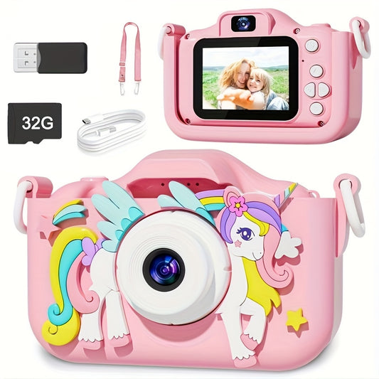 Unicorn-Themed Youngsters' HD Digital Camera with Front & Rear Lenses, Rechargeable Portable Toy with Video Games, 32GB Storage, USB Charging, Bright Pink/Purple, Perfect Birthday Gift for Boys & Girls Ages 3-12, Youngsters's Digital Camera | Whimsical De