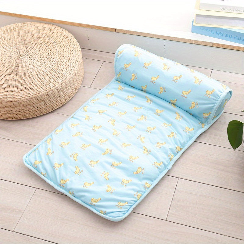 Cooling High-Resilience Pet Ice Dog Bed with Pillow - Breathable Non-Slip Square Dog Nest for Small Dogs, Machine Washable Fruit Pattern Design for Summer Comfort, Pet Beds for Dogs, Easyclean Material