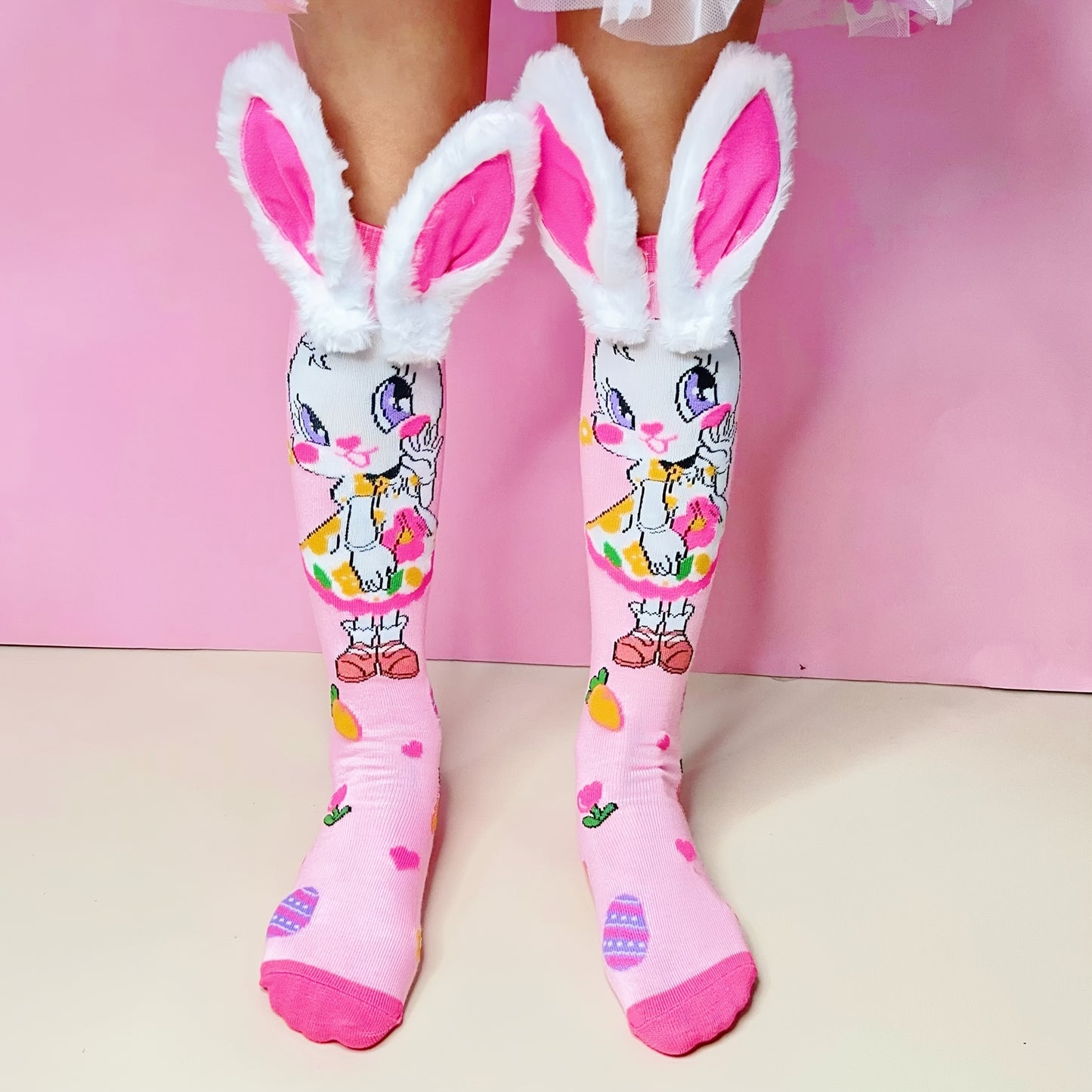 [Colorful Bunny Socks] 1 Pair Bunny Ear Knee-High Socks | Colorful Cartoon Rabbit Design with Easter Eggs & Flowers, Soft Polyester All-Season Machine Washable Socks Fashion