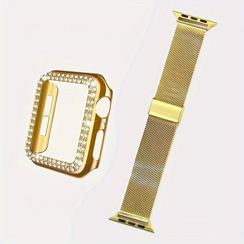 Dial Milan + Diamond Shell Golden Black Rose Golden Breathable Stainless Steel Braided Mesh Metal Strap Adjustable Suitable for iWatch series se s9 8 7 6 5 4 3 2 1 Series 2pcs Combination High-end Luxury Anti-collision Anti-scratch PC Hard Material Inlaid
