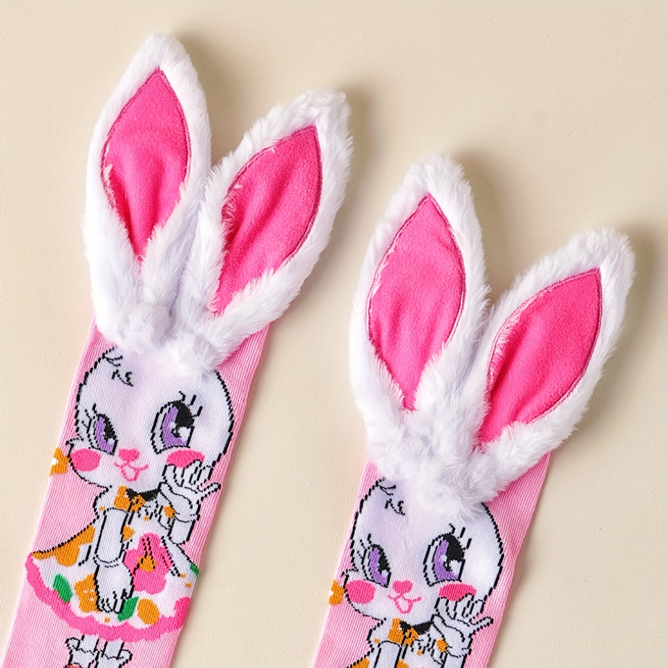[Colorful Bunny Socks] 1 Pair Bunny Ear Knee-High Socks | Colorful Cartoon Rabbit Design with Easter Eggs & Flowers, Soft Polyester All-Season Machine Washable Socks Fashion