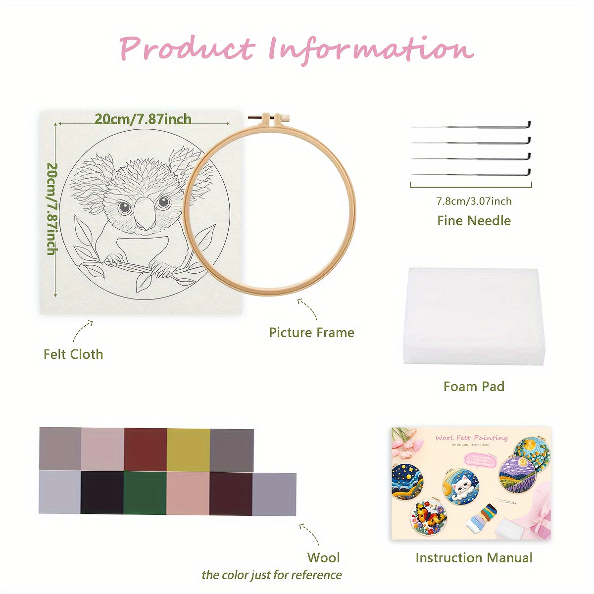 20Cm/7.87In Felt Koala Needle Felting Kit: DIY Fleece Felt Art with Hoop, Needles, Cloth, and Instruction Manual for Beginners and Home Decor