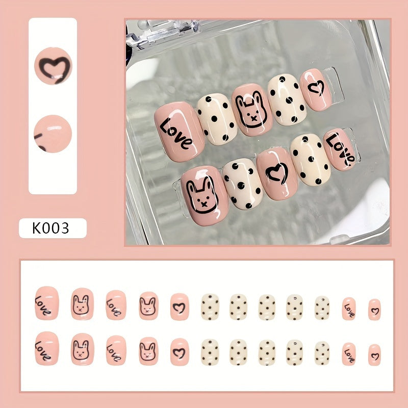 24pcs Small Square Press-On Nails in Pink with Cute Bunny Polka Dot and Heart Design, Includes Jelly Glue & Nail File