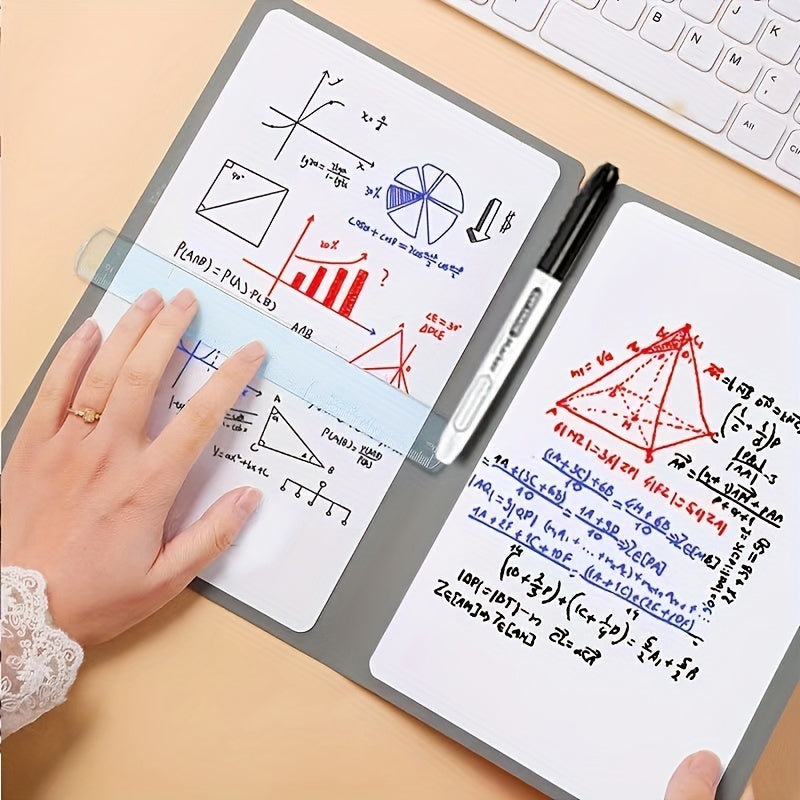 A5 Reusable Whiteboard Notebook with Faux Leather Cover - Portable Weekly Planner, Math Formulae & Illustrations Erase Cleanly, Includes Pen & Cloth, Ideal for Office & School, Notebooks for School
