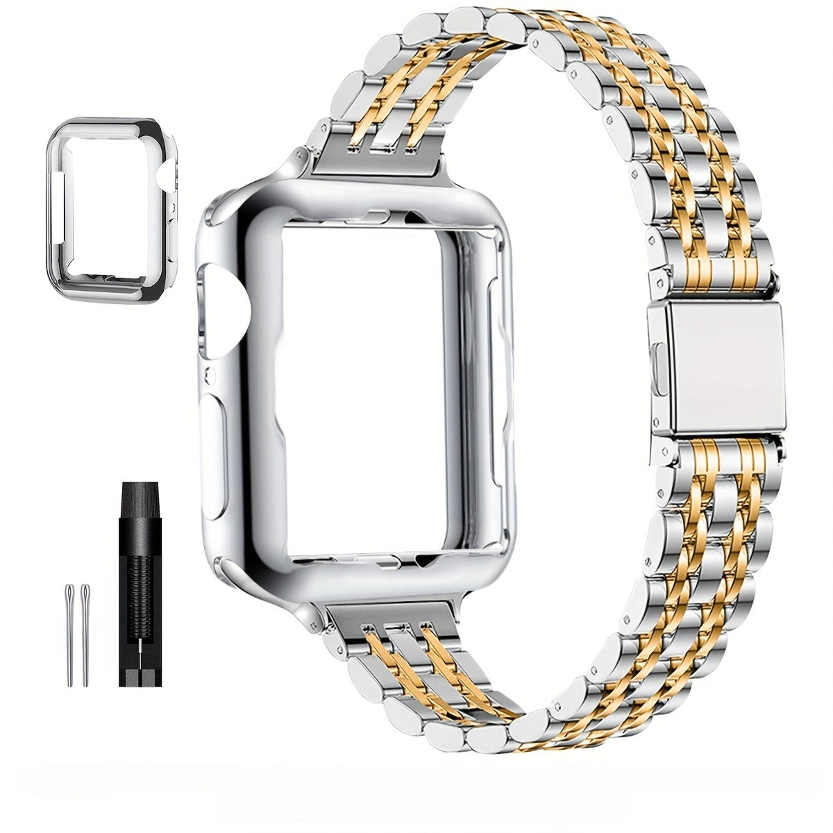 [Elegant Watch Band] Gold-Plated Stainless Steel 1pc Watch Band | Foldover Clasp and Protective Case for Apple Watch, Compatible with iWatch Series 1-9/SE/SE2, Elegant Women's Wristband Accessory