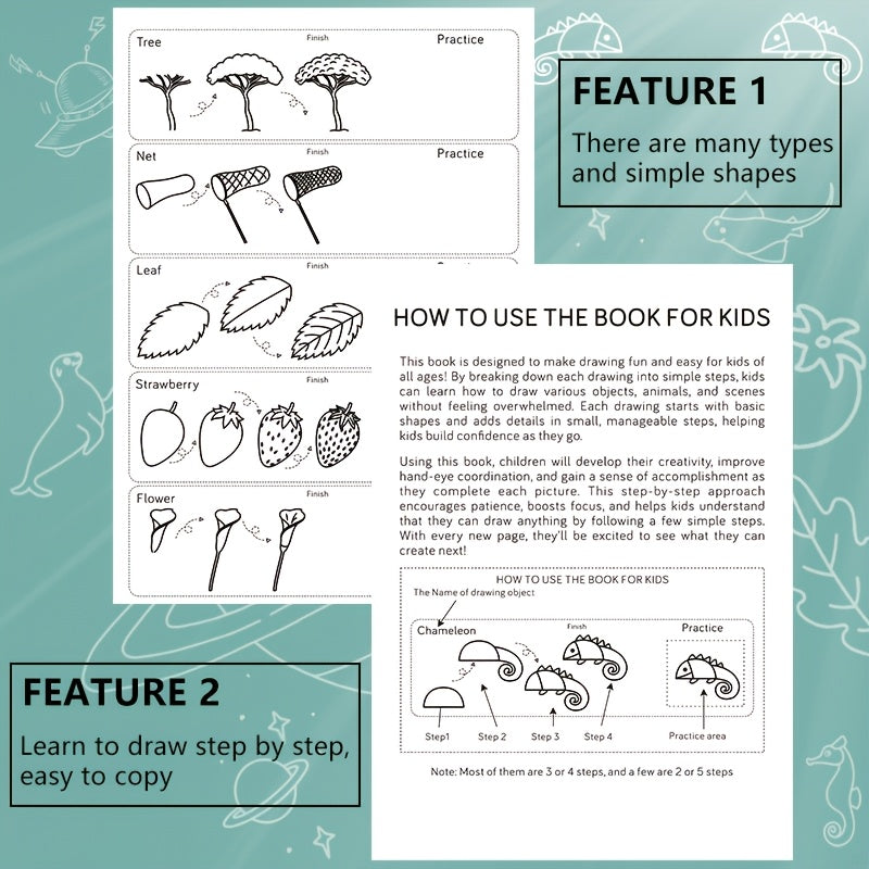 1pc Green Stick Figure Drawing Book for Youngsters - 300+ Step-by-Step Art & Education Toy, Learning Painting Supplies with Cartoon Dinosaur & Frog Designs, Perfect for Creative Writing & Coloring, Youngsters Drawing Book | Playful Design | Spiralbound Bo