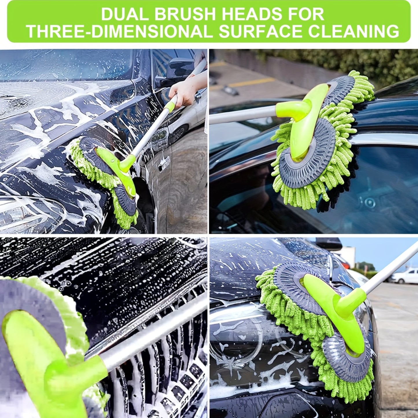 [Dual Brush] 3-in-1 Green Dual Brush Head Microfiber Car Wash Mitt | Durable and Absorbent | Car Washing Essentials | Dual Brush Design | Absorbent Material | Car Washing Supplies
