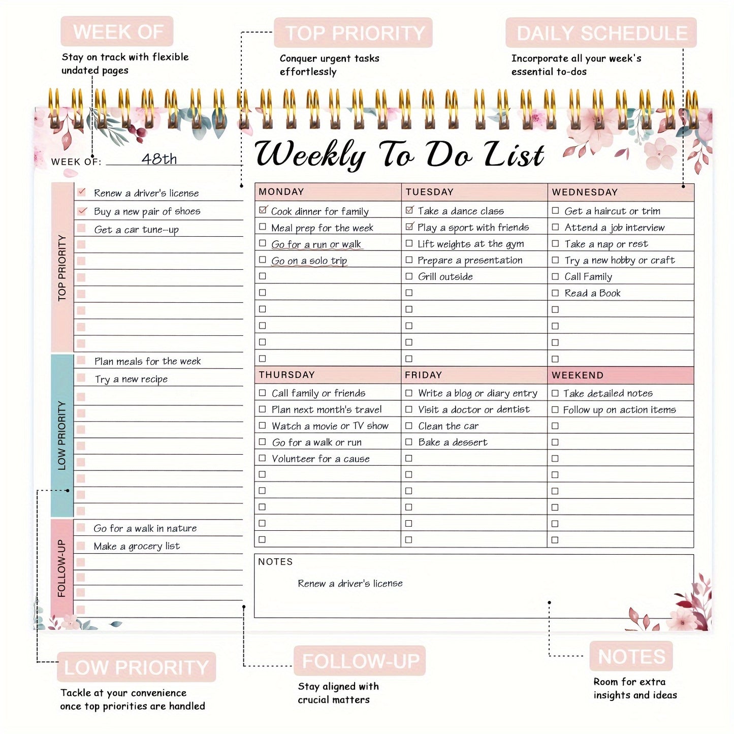 Weekly Planner Pad - Undated 52 Page Spiral or Glue Bound To-Do List, 8.5" x 11" Desk Task Planner for Work & Personal Organization