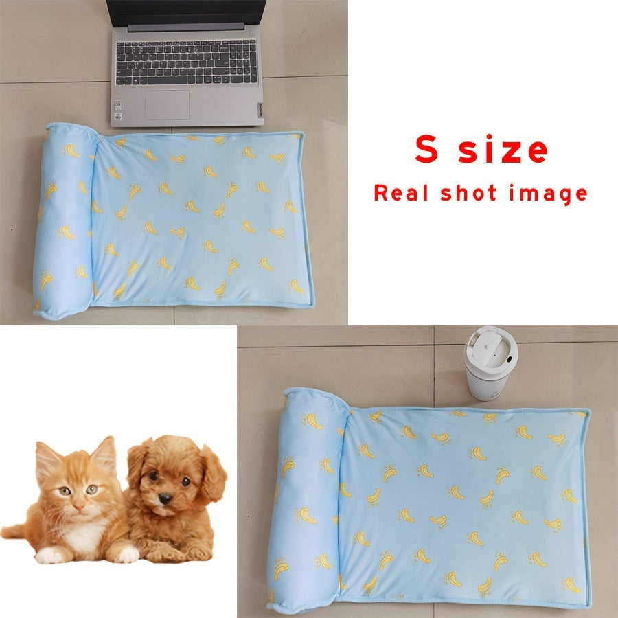 Cooling High-Resilience Pet Ice Dog Bed with Pillow - Breathable Non-Slip Square Dog Nest for Small Dogs, Machine Washable Fruit Pattern Design for Summer Comfort, Pet Beds for Dogs, Easyclean Material