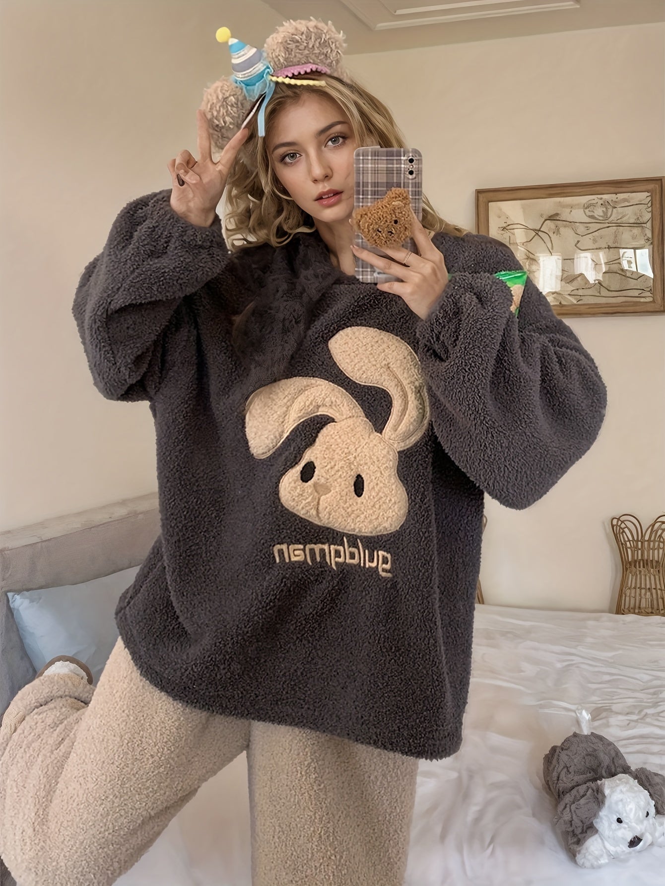 Thick Fleece Women's Lounge Set, Cute Bunny & Letter Pattern Long Sleeve Round Neck Top & Pants, Comfortable Relaxed Fit For Fall & Winter