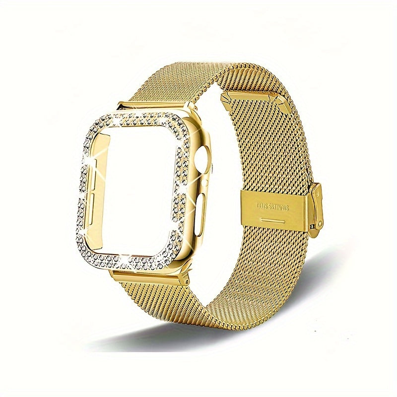 Dial Milan + Diamond Shell Golden Black Rose Golden Breathable Stainless Steel Braided Mesh Metal Strap Adjustable Suitable for iWatch series se s9 8 7 6 5 4 3 2 1 Series 2pcs Combination High-end Luxury Anti-collision Anti-scratch PC Hard Material Inlaid