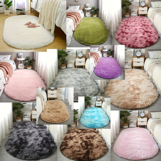 [Ultra-Soft] Oval Tie-Dye Plush Area Mat | Luxurious Faux Fur | Anti-Slip Backing, Stain & Absorbent | Living Room & Bedroom | Modern