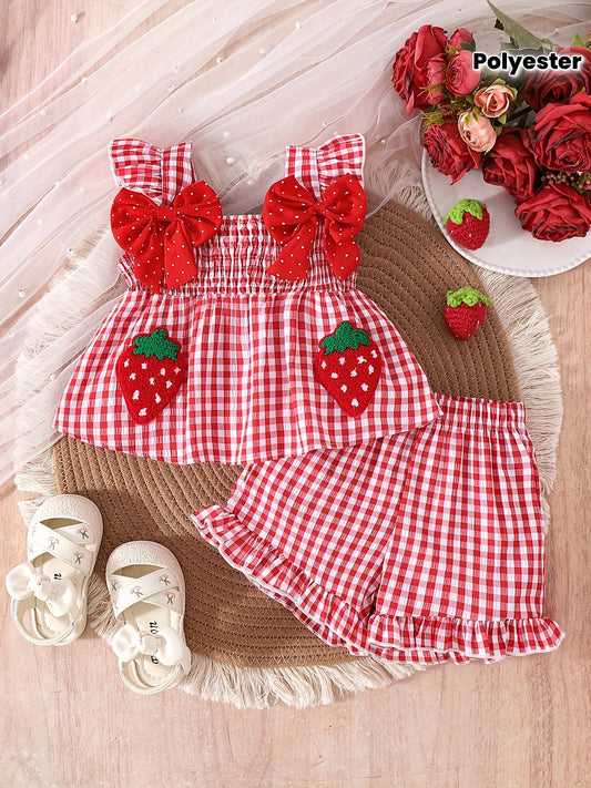 [Cute Summer Set] 2pcs Cute Summer Strawberry Top and Shorts Set | Ruffle Collar, Elastic Waist, Gingham Details, Playful Bow Accents - Outdoor Toddler Outfit