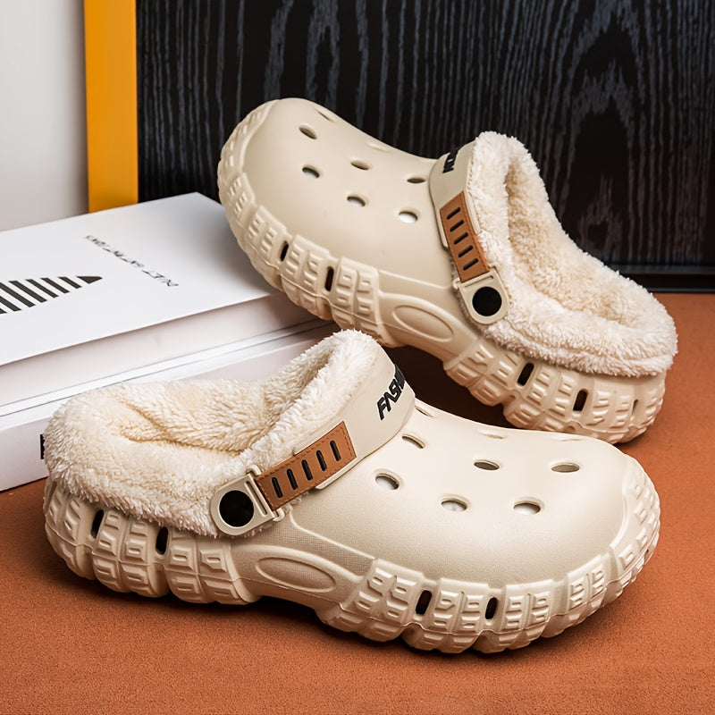 Unisex Winter Fleece-Lined Slip-On Clogs with Removable Plush Inner Lining, Non-Slip EVA Sole & Thick Insulation for Snow & Cold Weather - Beige Casual Shoes for Men and Women, Winter Shoes, Outdoor Footwear, Unique Tread Pattern, Durable Grip Footwear