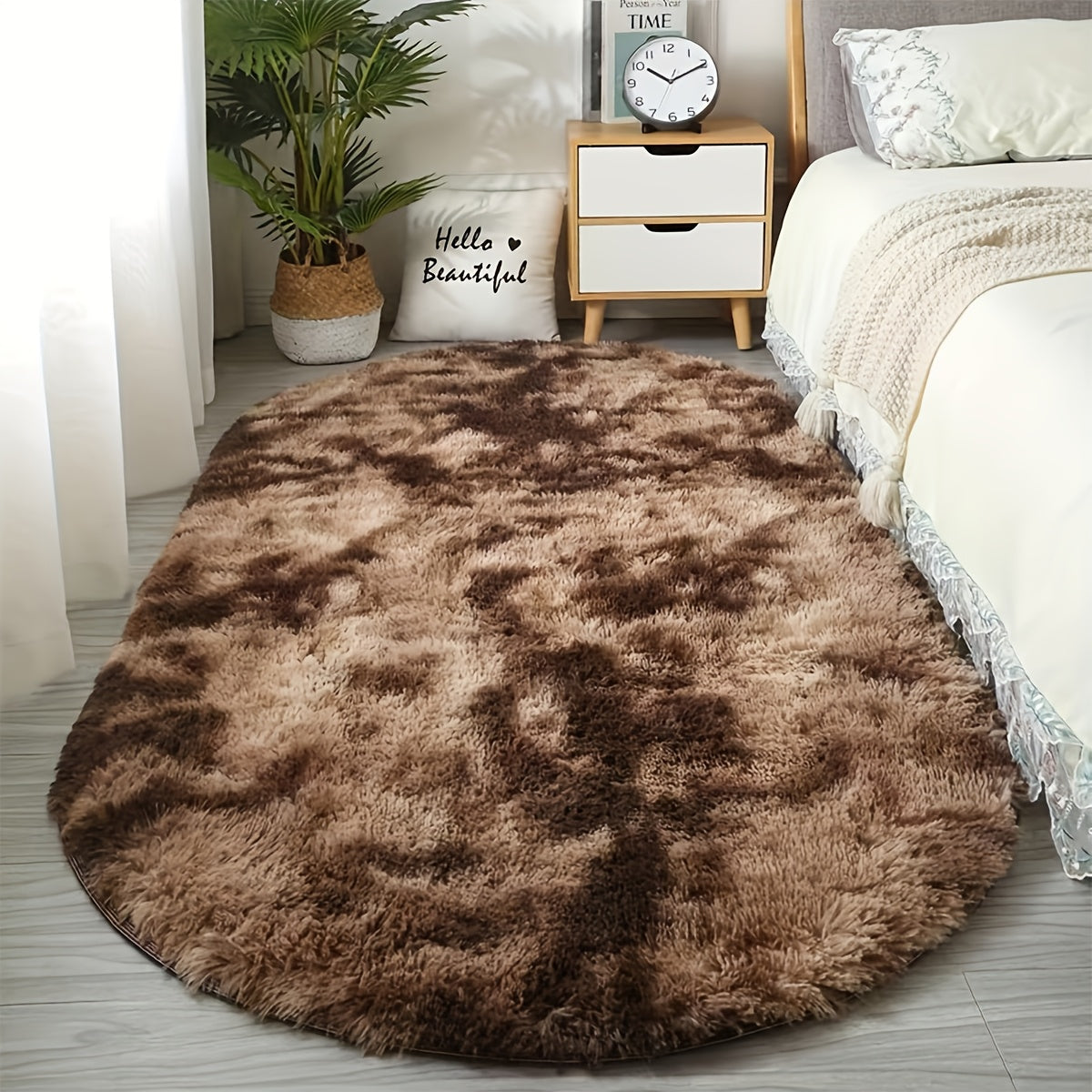[Ultra-Soft] Oval Tie-Dye Plush Area Mat | Luxurious Faux Fur | Anti-Slip Backing, Stain & Absorbent | Living Room & Bedroom | Modern