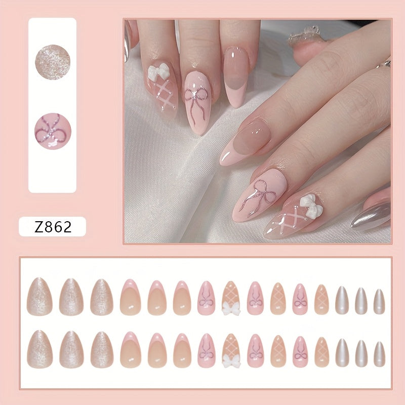 24pcs of Pink Bow Sweet And Cute Push-On False Nails, One Jelly Glue And One Nail File