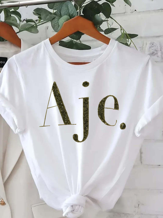 Women's Black Short Sleeve Crew Neck T-Shirt with Golden Glitter AJE Letter Print - Casual All-Season Machine Washable Top, Ladies T Shirts, Everyday Fashion, Trendy Graphic Tee, Comfortable Fit
