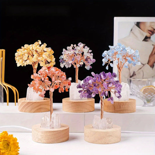 [Natural Quartz Crystal Nightlight] 1pc Natural Clear Quartz Crystal Chip Tree - USB Port Decorative Bedside Ambiance Nightlight
