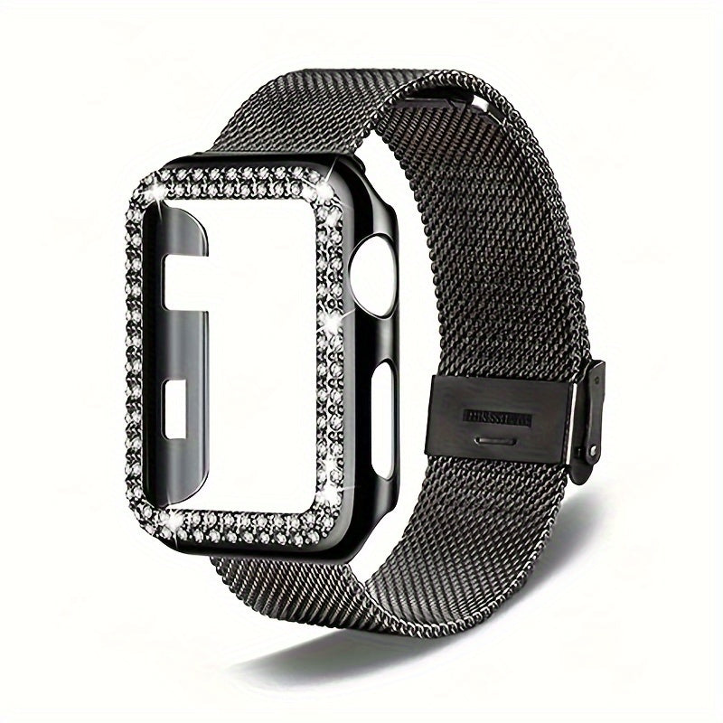Dial Milan + Diamond Shell Golden Black Rose Golden Breathable Stainless Steel Braided Mesh Metal Strap Adjustable Suitable for iWatch series se s9 8 7 6 5 4 3 2 1 Series 2pcs Combination High-end Luxury Anti-collision Anti-scratch PC Hard Material Inlaid