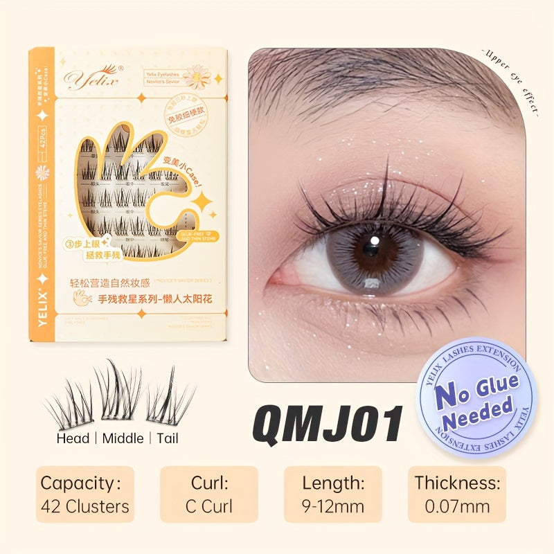 42 Clusters C/J Curl No Glue Needed Eyelash Extensions Handmade Grafting Individual False Eyelash Wispy Lashes Gift for Women & Girl
