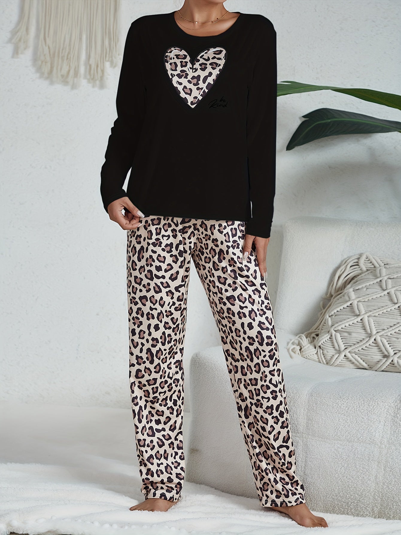 Womens Cozy Leopard Print Pajama Set - Comfy Long Sleeve Top with Heart Accent, Soft Pajama Pants - Ideal for Lounge & Sleep