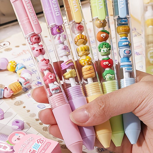 2-Pack Cute Cartoon Pet & Snack Design Retractable Gel Pens, 0.5mm Blue Ink, DIY Beadable Pens for Stress Relief, Fashionable Korean/Japanese Style, Assorted Colors