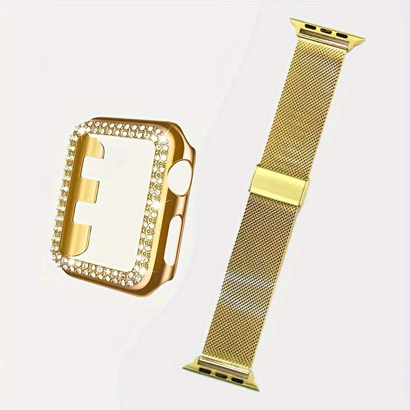Dial Milan + Diamond Shell Golden Black Rose Golden Breathable Stainless Steel Braided Mesh Metal Strap Adjustable Suitable for iWatch series se s9 8 7 6 5 4 3 2 1 Series 2pcs Combination High-end Luxury Anti-collision Anti-scratch PC Hard Material Inlaid