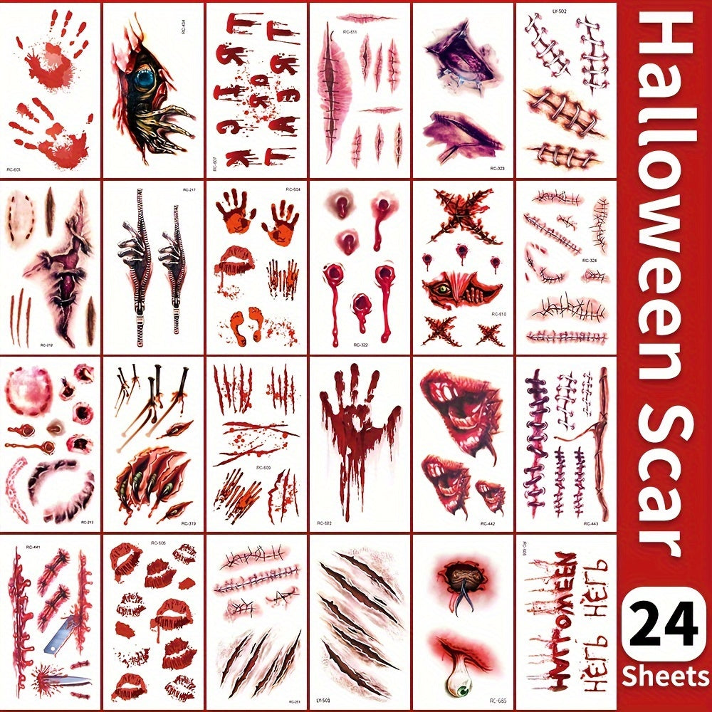 24 Sheets Halloween 3D Fake Scar Temporary Tattoos for Adults - Realistic Bloody Wound Designs for Face & Body, Perfect for Horror Cosplay, Masquerade Party, and Prank Makeup, Party Body Art | Graphic Tattoos | Detailed Tattoo Designs