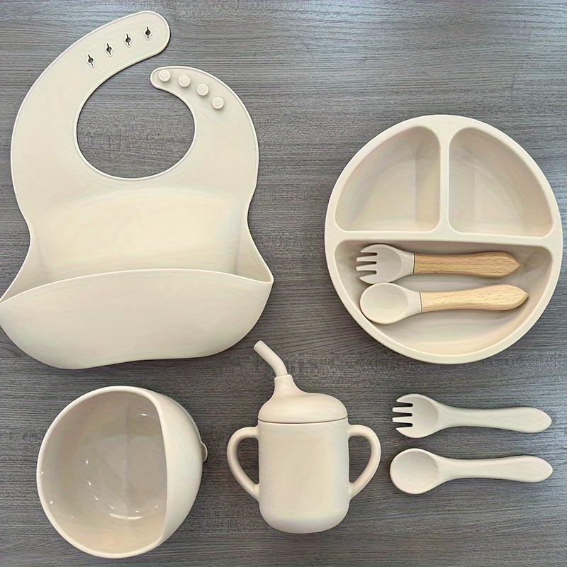 WHZWYK Silicone Baby Feeding Set - Microwave & Oven Safe - For 0-3 Years - Includes Suction Plate, Soft Bowl, Spoons, Forks, Adjustable Bib, Snack Cup - Self-Feeding Supplies