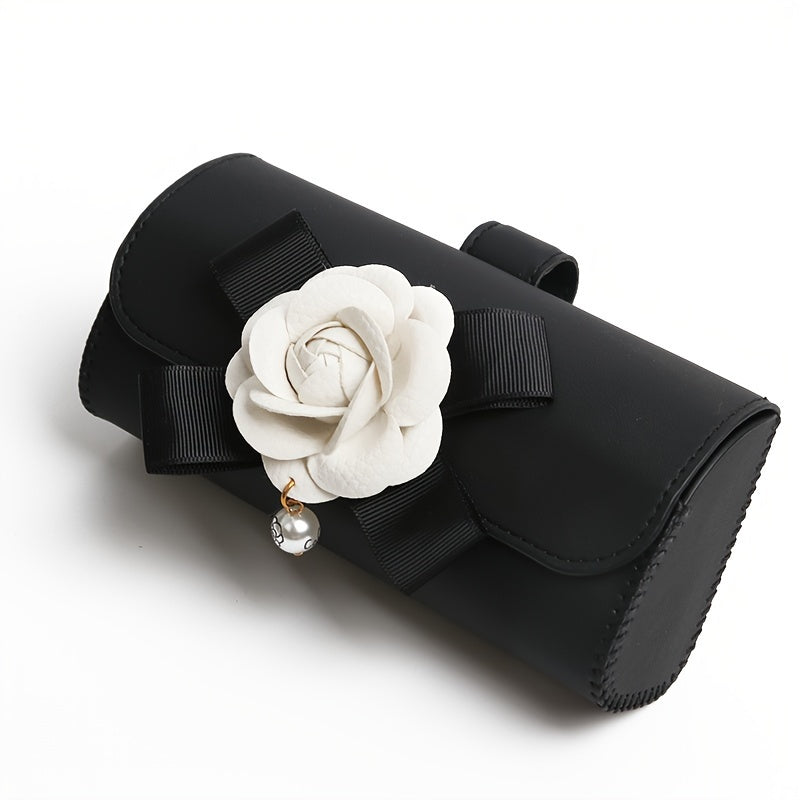Stylish Camellia Flower Design PU Leather Car Visor Sunglasses Holder - Universal Eyeglass Clip with Bow and Pendant - Convenient Glasses Storage Box for Automotive Sun Visor Accessories