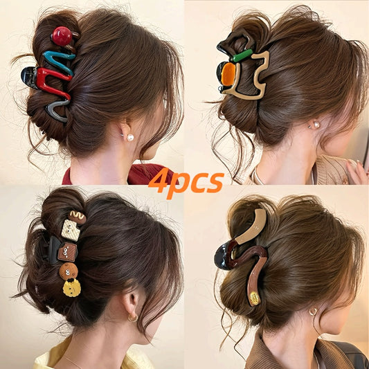 [4pcs Hair Clips] 4pcs Elegant Hair Claw Clips | Chic Wavy Design with Faux Pearl & Color Accents, Non-Slip Shark Clips for Thick Hair
