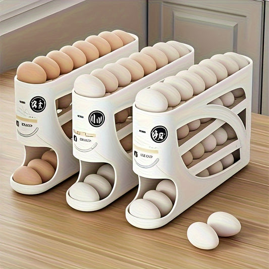 4-Tier Rolling Egg Holder - Space-Saving Side Door Design, Holds Up to 30 Eggs, Smooth Glossy Finish, Convenient Grip Handles, Ideal for Kitchen & Refrigerator Storage, Kitchen Organization | Modern Kitchen Accessory | Durable Plastic Holder,