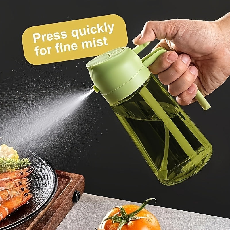 16oz Olive Green Glass Olive Oil Dispenser - 2-in-1 Oil Bottle and Cooking Sprayer with Auto Flip Cap and Label Stickers (Light Blocking)