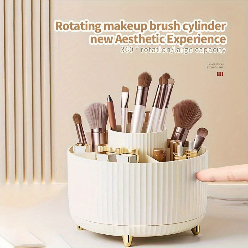 Round Multi-Compartment Rotating Pen Holder - Plastic Desk Organizer for Office Supplies and Cosmetics