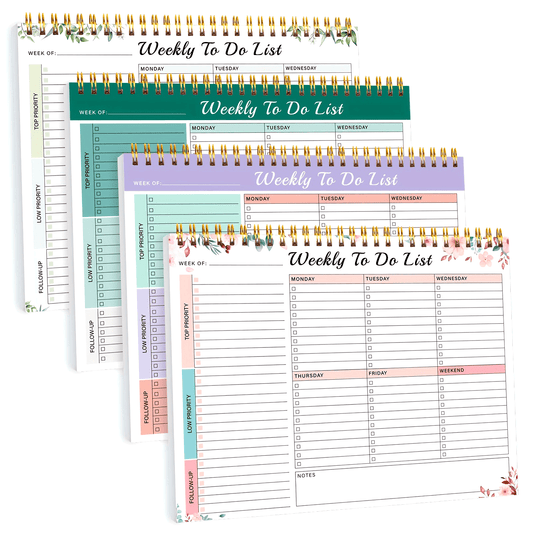 Weekly Planner Pad - Undated 52 Page Spiral or Glue Bound To-Do List, 8.5" x 11" Desk Task Planner for Work & Personal Organization
