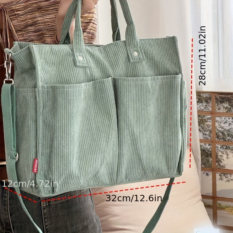 [Multi-Pocket Corduroy Tote Bag] Chic Corduroy Tote Bag for Women - Multi-Pocket, Thickened Design with Striped Pattern, Black | Casual & Artistic Crossbody Shoulder Handbag, Harajuku, Autumn Winter, Student