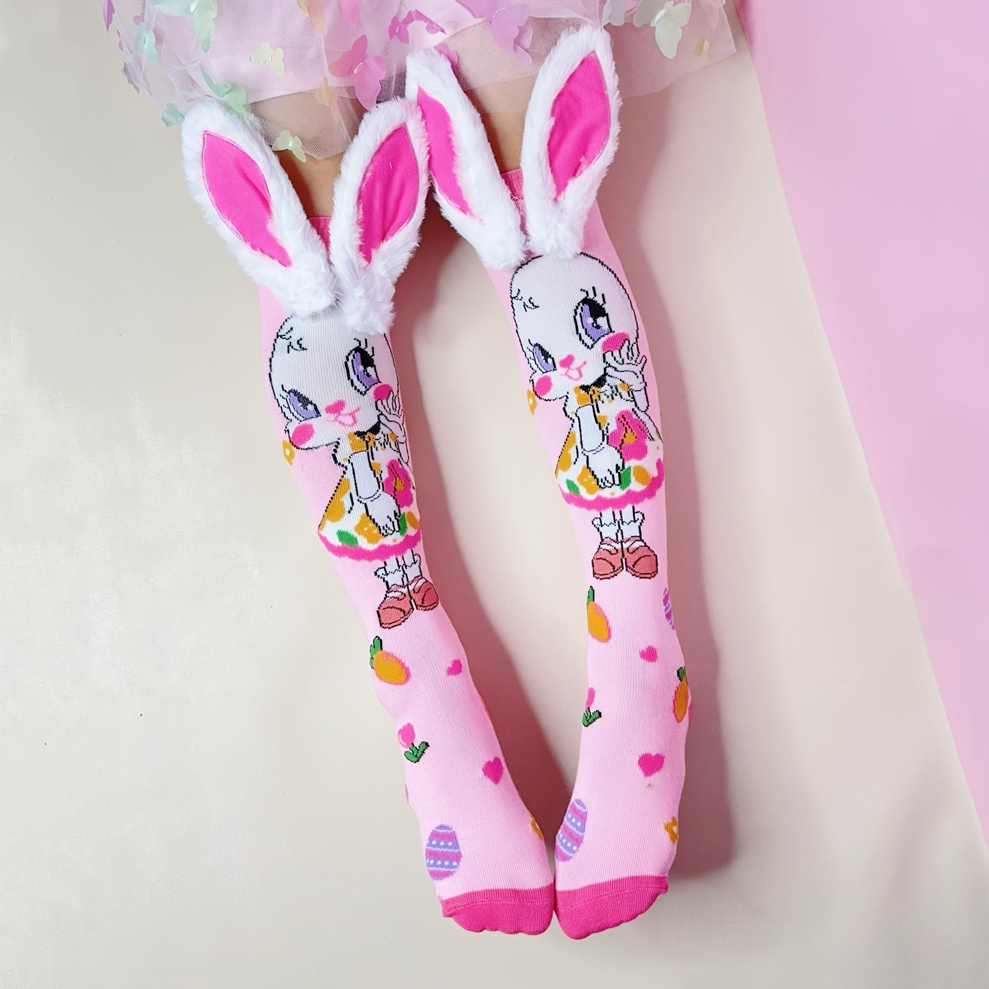 [Colorful Bunny Socks] 1 Pair Bunny Ear Knee-High Socks | Colorful Cartoon Rabbit Design with Easter Eggs & Flowers, Soft Polyester All-Season Machine Washable Socks Fashion