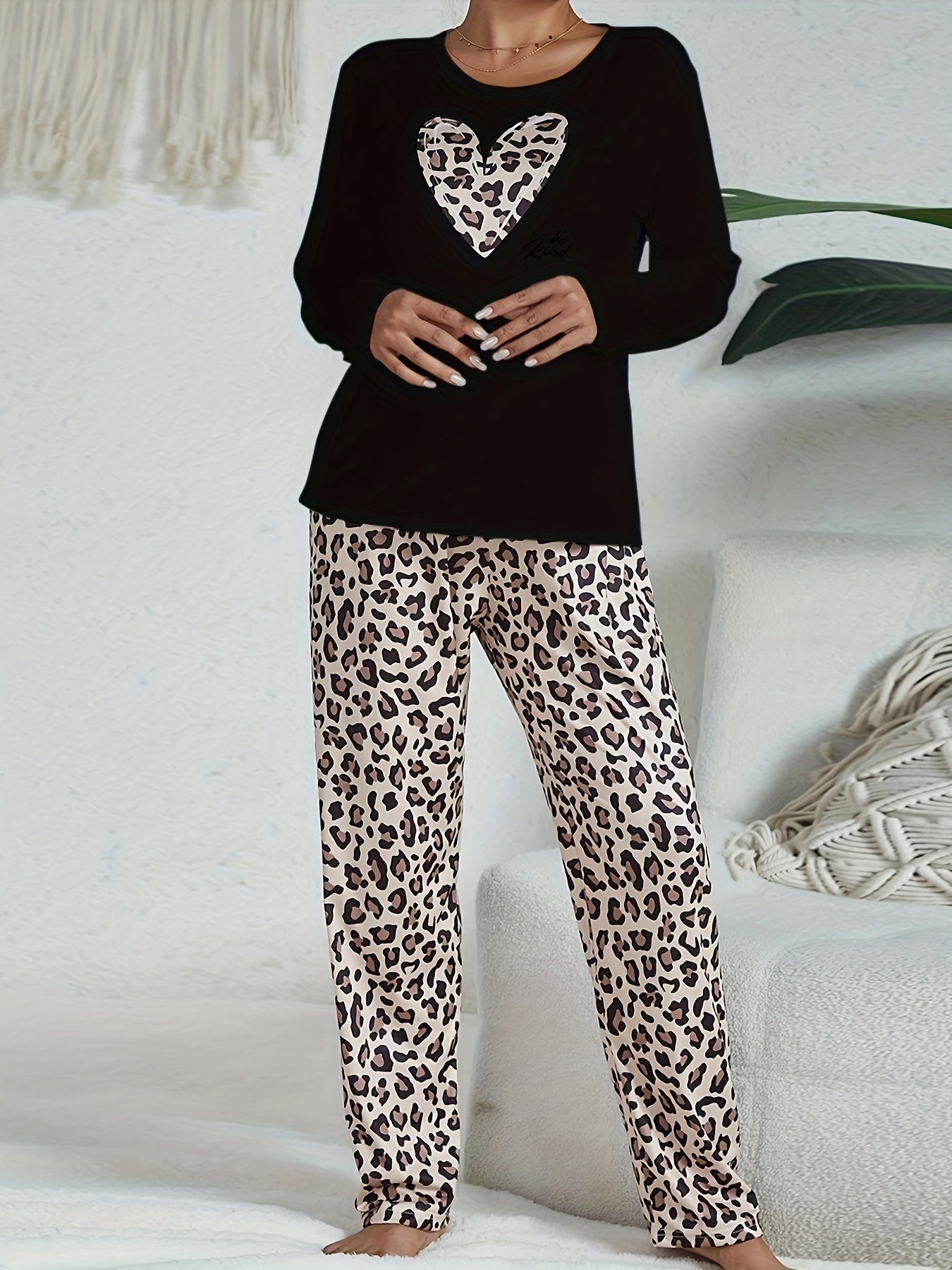 Womens Cozy Leopard Print Pajama Set - Comfy Long Sleeve Top with Heart Accent, Soft Pajama Pants - Ideal for Lounge & Sleep