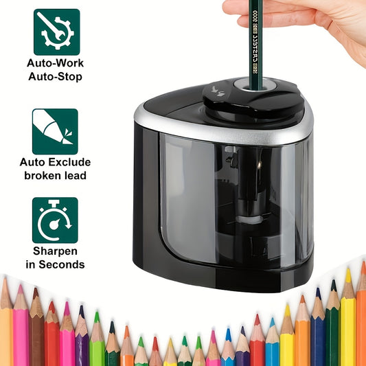 1pc automatic electric pencil sharpener, sharpens quickly within seconds, stops automatically and prevents lead breakage, durable, black, office desk stationery tool