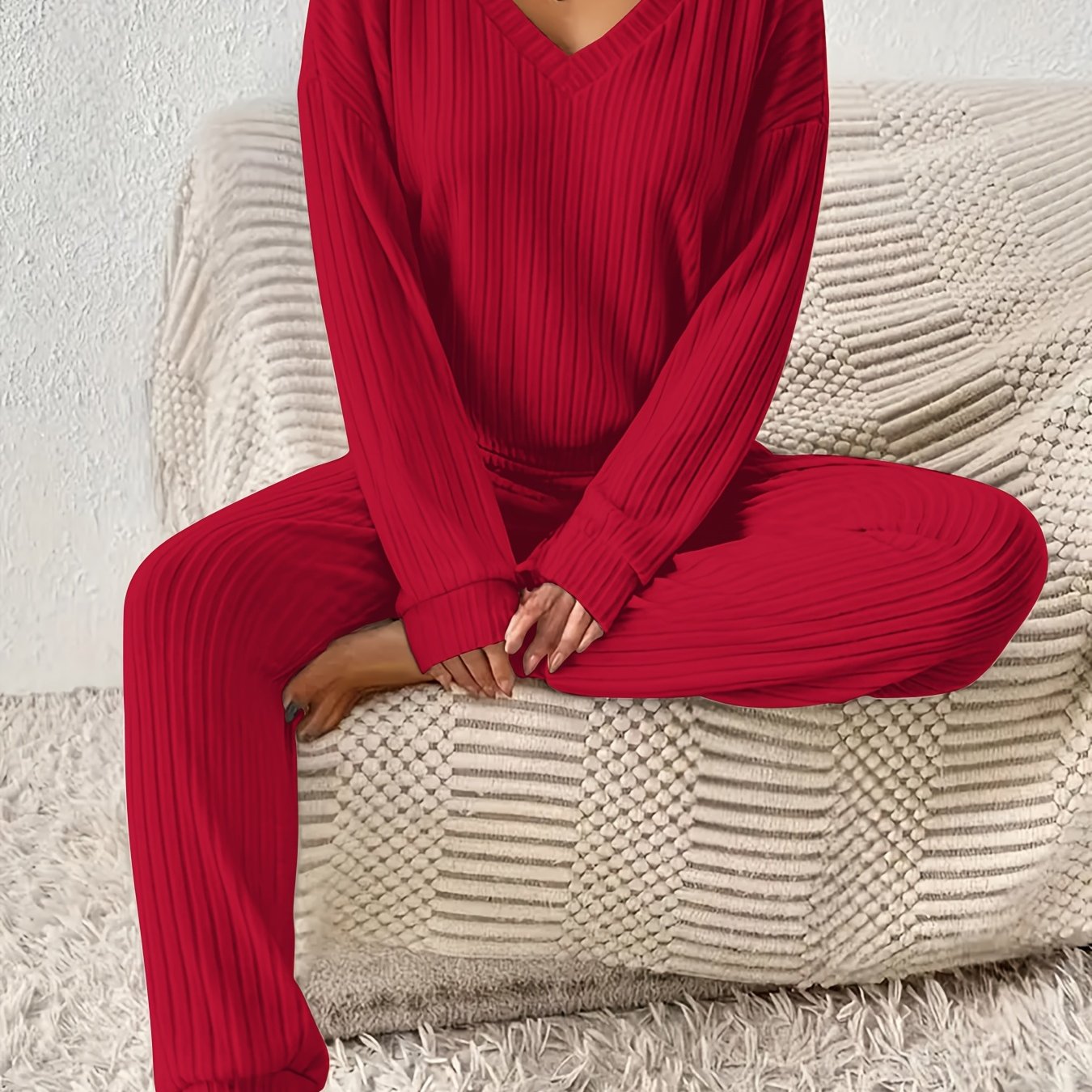 Stylish Solid Color Casual Long Sleeve Pantsuit for Women - V-Neck Ribbed Knit Top and Joggers Set, Perfect for Fall/Winter