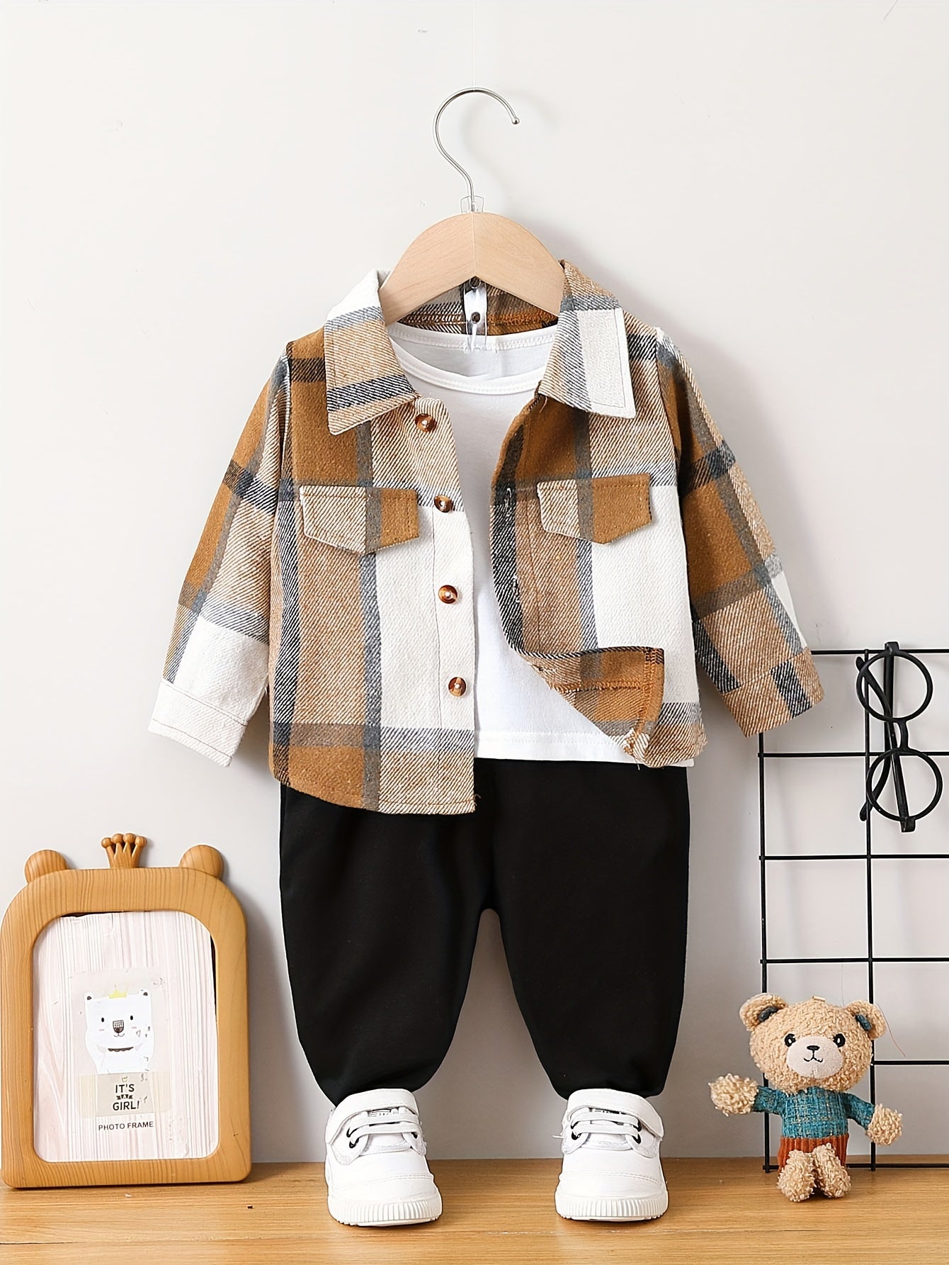 Baby Boys Stylish Lapel Plaid Coat Solid Color Trousers 2pcs Cotton Outdoor Set For Autumn And Winter Without T-shirt
