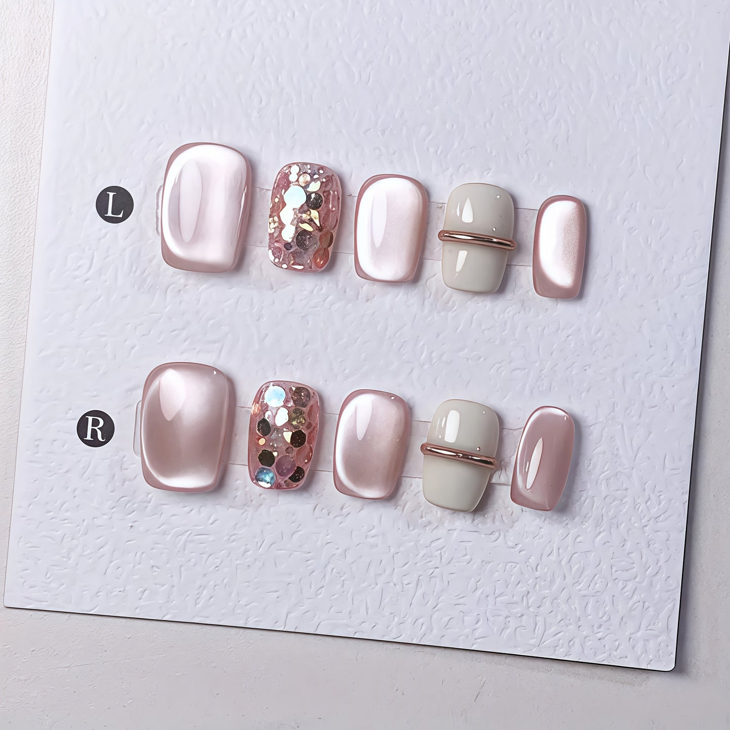 10pcs Handmade Short Press-On Nails - Pink Cat Eye Glitter & Metallic Accents, Square Medium Length Reusable Fake Nails with Satin & Glossy Finish for Hands & Feet