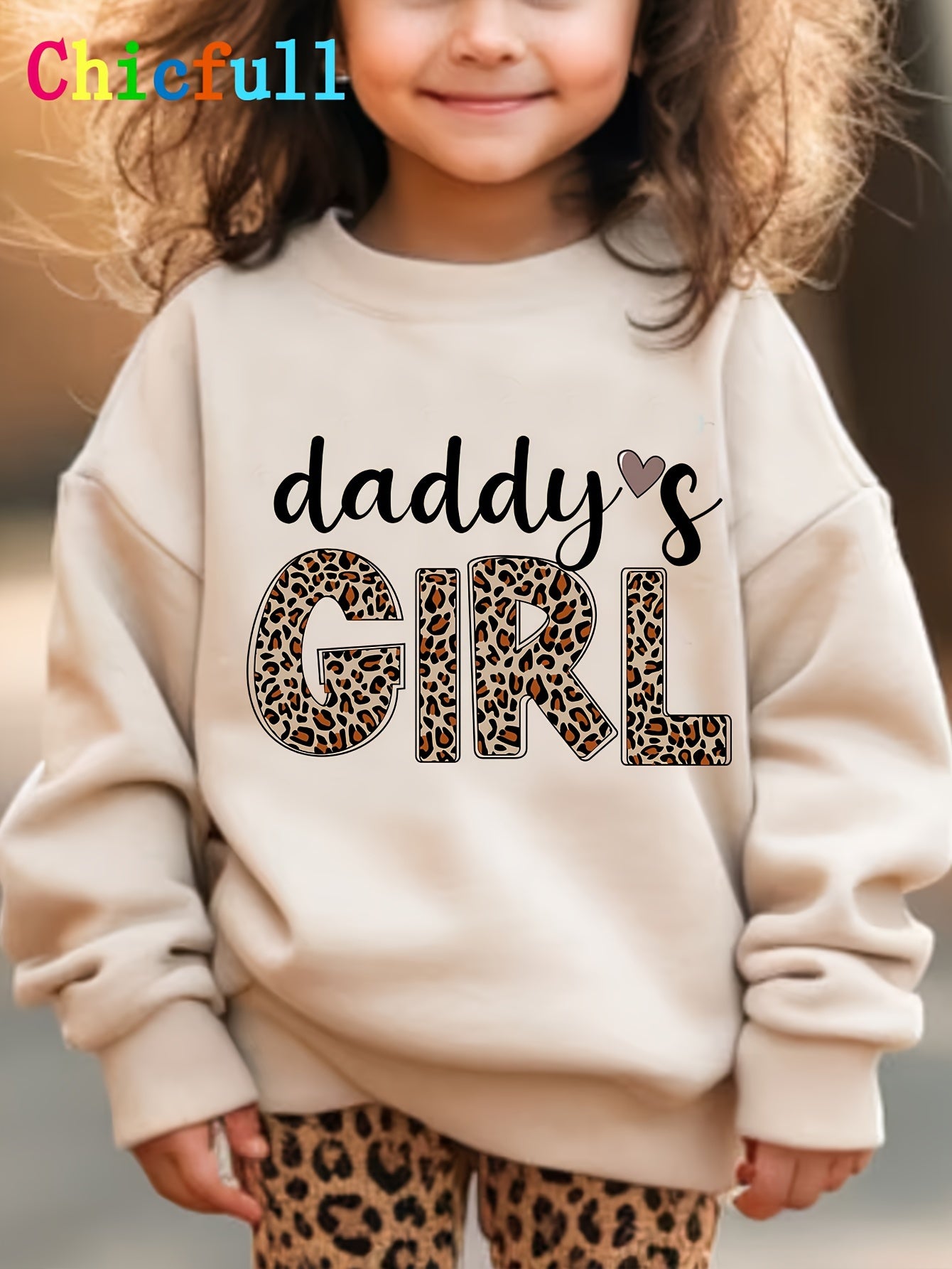 1pc Chicfull Daddy'S Girl Leopard Print Lettering Sweatshirt for Girls, Casual Style, Round Neck, Polyester, Knitted, Regular Fit, Warm and Stretchy - All Seasons, Thick