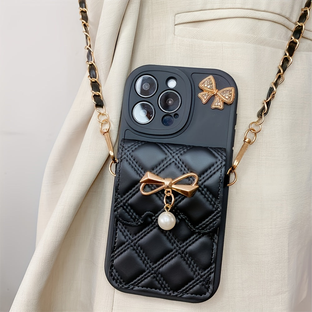Diamond Grid Bow Card Phone Case Suitable for iPhone 15Promax/14plus with Lanyard Can Be Carried Obliquely 12pro/13promax Full Cover 12Mini/13Mini Soft Case 11 Protective Case Coin Purse