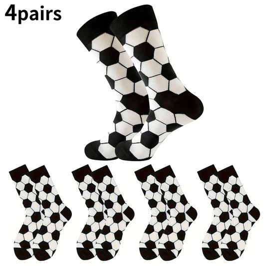 4 Pairs Kids Socks, Black and White Soccer Pattern, Polyester 80%, Elastane 20%, All-Season Knit Fabric, Mid-Calf Striped Plaid, Hand Washable, Trendy Sports Style for Boys and Girls