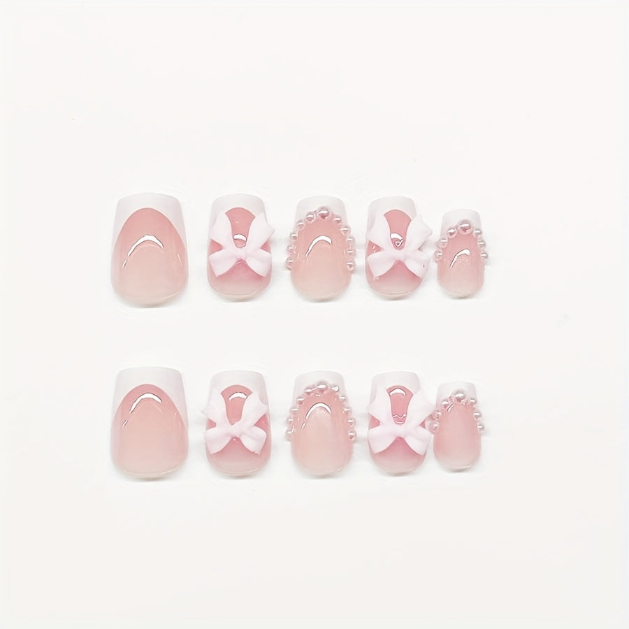 24pcs Pink French Press-On Nails with Bow & Dot Design - Short Coffin Shape Glossy Fake Nails for Women & s, Everyday & Special Occasions, Nails Accessories, Fashion Accessories, Sweet Aesthetic Nails, Decorative Pressons