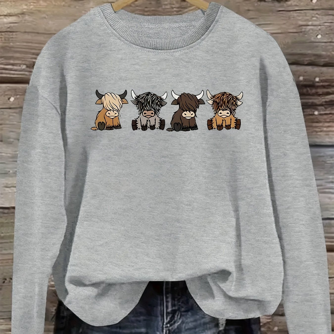 Women's Casual Long Sleeve Round Neck Sweatshirt - Cute Cartoon Cow Print Pullover, Cozy Beige Fall Winter Top, Machine Washable Regular Fit, Autumn Apparel, Comfortable Wear