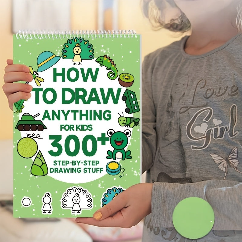 1pc Green Stick Figure Drawing Book for Youngsters - 300+ Step-by-Step Art & Education Toy, Learning Painting Supplies with Cartoon Dinosaur & Frog Designs, Perfect for Creative Writing & Coloring, Youngsters Drawing Book | Playful Design | Spiralbound Bo