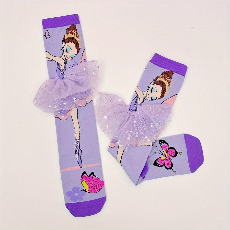 A pair of cartoon purple ballet girl knee-high socks, suitable for daily wear, vacation wear, party wear, suitable for holiday gifts